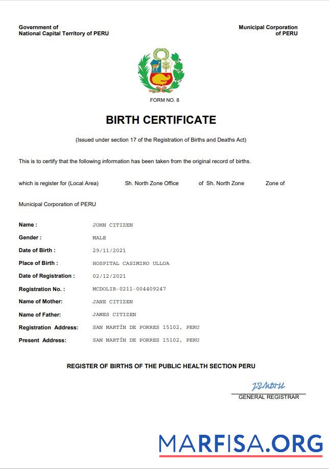 Downloadable Peru birth certificate Word and PDF template